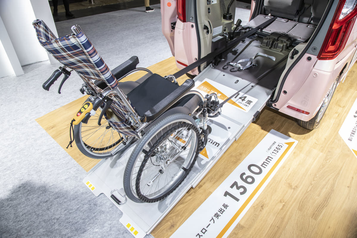 ホンダN-BOXの福祉車両は車椅子を乗せやすいよう電動ウインチ（リモコン付き）も装備されている