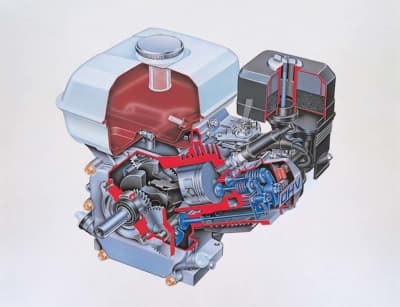 ホンダ製発電機のOHVエンジン（カットモデル）