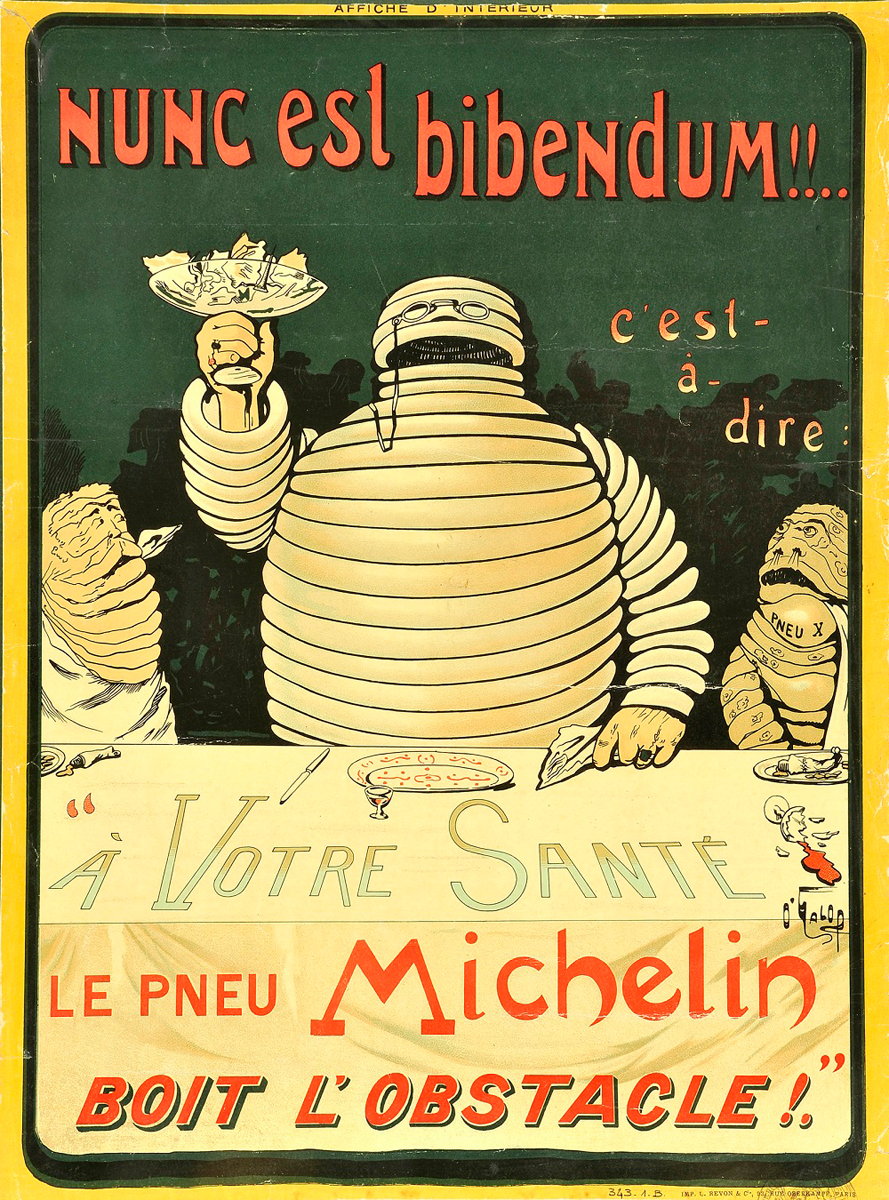 ミシュランマン／ビバンダムを描いた初の広告ポスター。ビバンダムの名前の由来は「Nunc est Bibendum（いまこそ飲み干す時）」というラテン語の格言