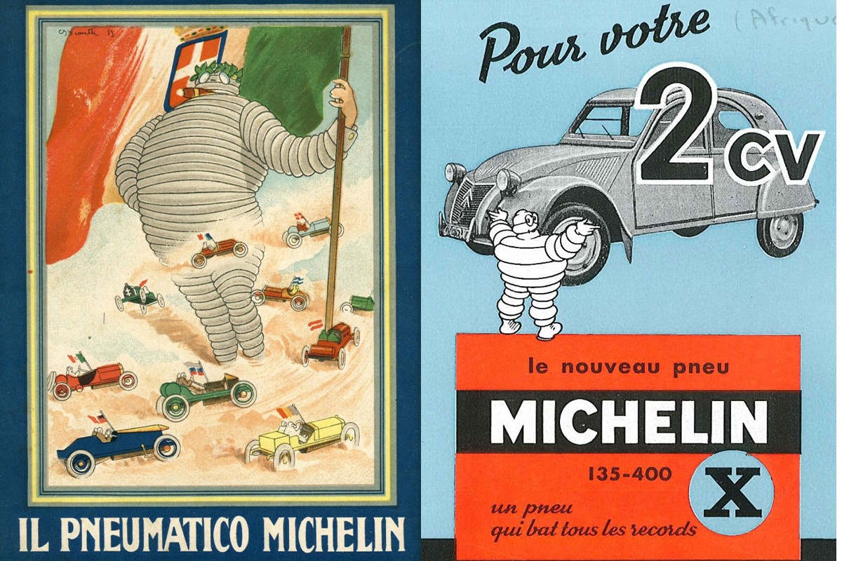 1906年のポスターと、1935年の2CV用ミシュランXタイヤのチラシ
