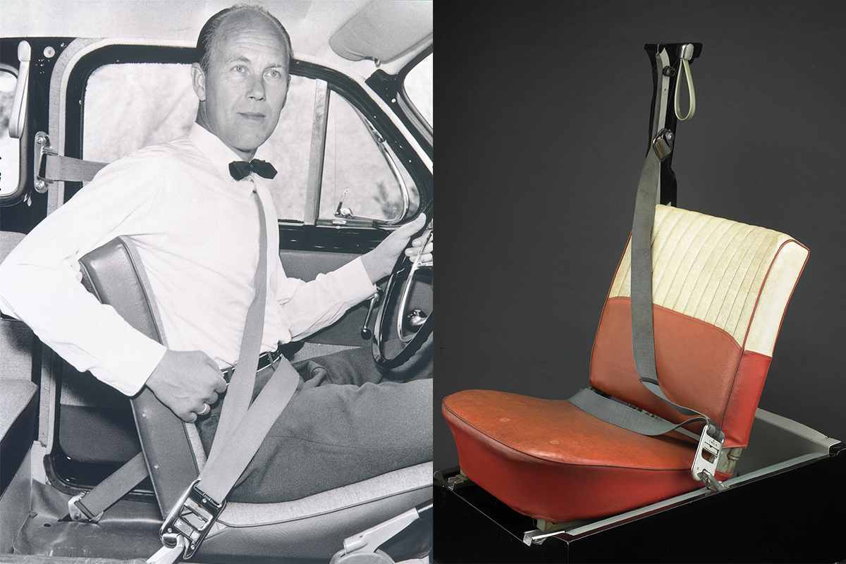 世界で初めて3点式シートベルトを採用したボルボPV544と開発者のニルス・ボーリン