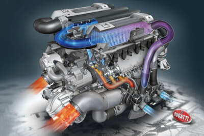 W16クアッドターボエンジンによって最高速度406km/h、0-100km/h加速タイム2.5秒を記録
